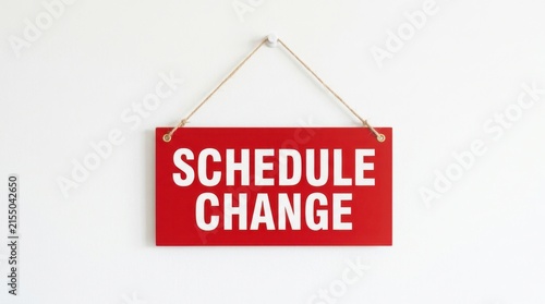 A red rectangular sign with white lettering announcing a schedule change hangs against a plain white wall notice announcement redsign whitesign wallmounted