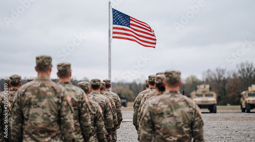A formation of US Army soldiers stands at attention under the American flag, with military vehicles in the background.