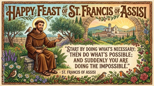 A detailed vector illustration depicts st francis of assisi with a bird set against a scenic italian landscape saintfrancis religiousfigure friar monk