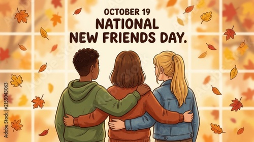 Three people with arms around each other are depicted in a colorful vector illustration with falling autumn leaves fall friendship companionship youth