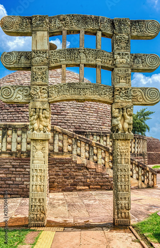 Intricately Carved Torana Gateway in Front of the Great Stupa at Sanchi, India