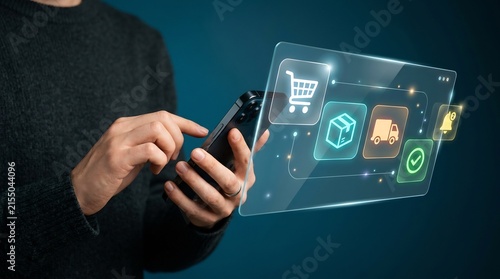 Person using smartphone with e-commerce interface showing shopping cart and delivery icons