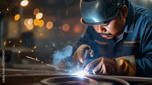 Professional welder creating bright sparks while joining metal parts in industrial workshop
