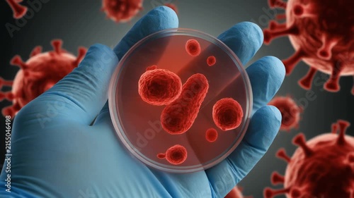 Salmonella bacteria culture in petri dish held by scientist in laboratory research