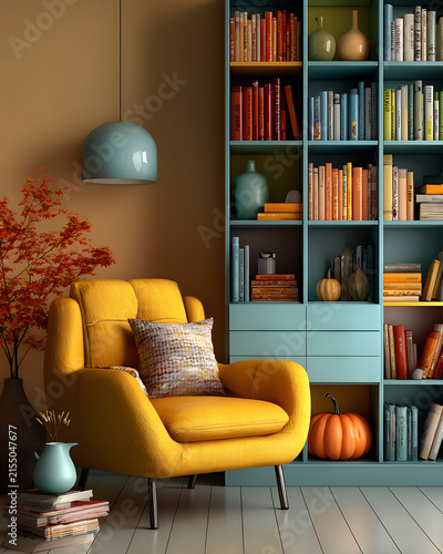 Yellow armchair with a cushion in a cozy library with a tall bookshelf