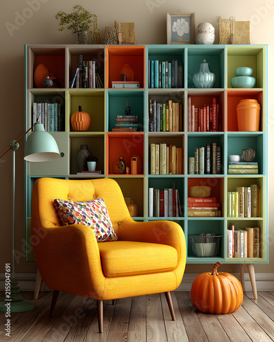 Yellow armchair with colorful bookshelf in a cozy modern living room