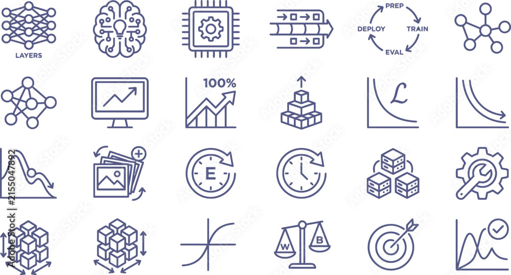 Fototapeta premium Machine learning vector icon set featuring artificial intelligence concepts displayed in a clean linear graphic style