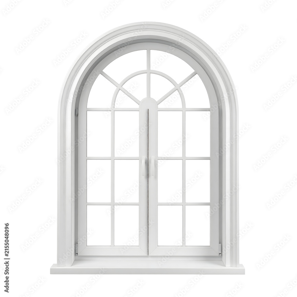 Fototapeta premium Elegant white arched window frame featuring classic architectural design details and sturdy sash construction displayed on transparent background