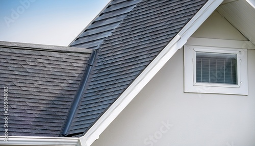close up of seamless aluminum rain gutter on white house roof exterior