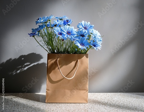 neutral minimalist still life of textured brown paper gift bag filled with soft blue daisy flowers on stone surface natural shadow floral shop celebration and minimalist decor design