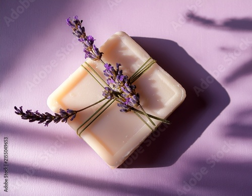 natural handmade cream soap bar adorned with fresh purple lavender sprigs dappled sunlight shadow on pale lilac surface skincare aromatherapy and organic beauty product design