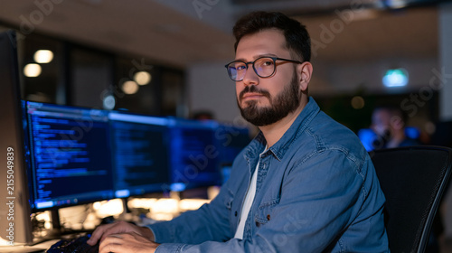 IT Professional at Work: A focused IT professional wearing glasses works diligently at a computer workstation, surrounded by multiple monitors displaying lines of code.