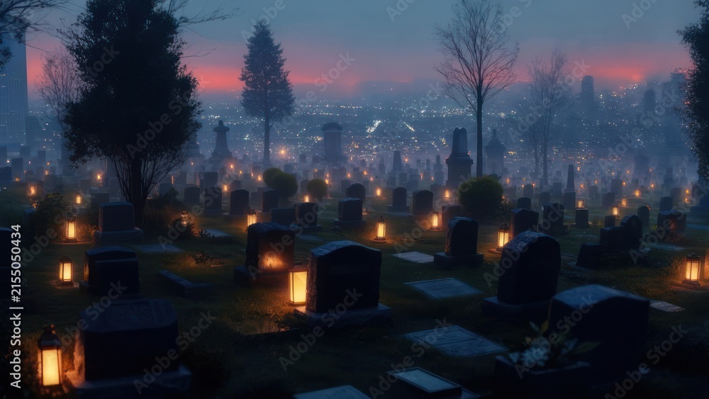 Naklejka premium Foggy cemetery at twilight