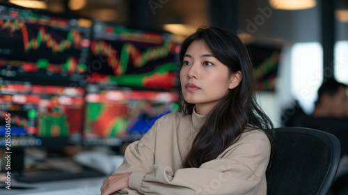 Financial Trader Focused: A young Asian woman, likely a financial trader, gazes intently into the distance.