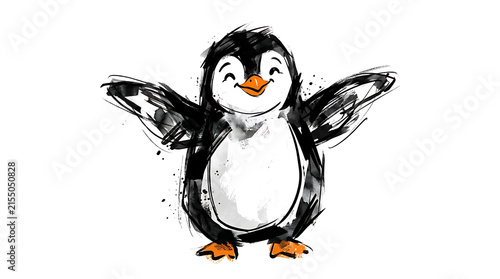 Cute hand drawn sketch of a happy little penguin with open wings.
