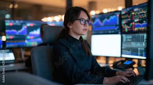 Financial Analyst at Work: A focused female financial analyst, wearing glasses and a dark shirt, sits at her desk in a dimly lit office.