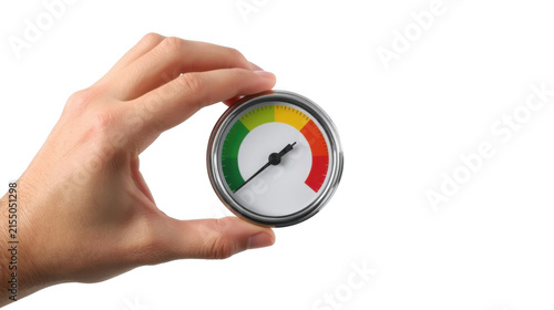 Human hand holding round gauge with colorful indicator scale against plain white background