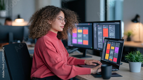 Focused Professional at Work: A young woman with curly hair, wearing glasses and a pink sweater, diligently works on her laptop and dual monitors in a modern office environment.