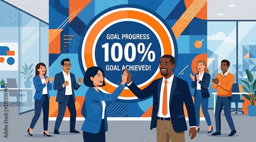 Team celebrating 100 percent goal completion in modern office.
