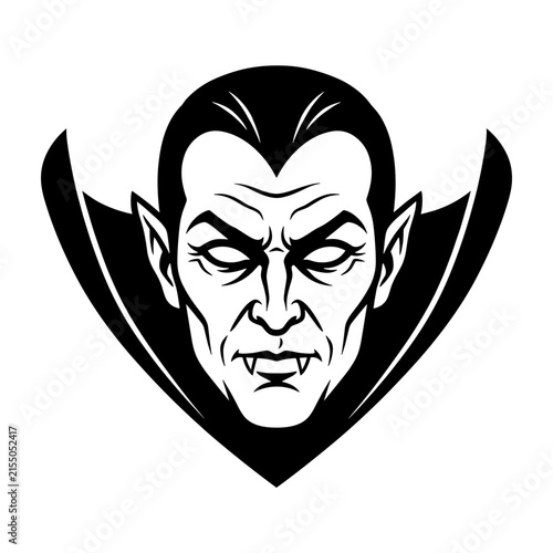 Stylized head of a vampire with sharp fangs and black cape isolated. Perfect for Halloween logos, horror t-shirt prints, comic book icons.