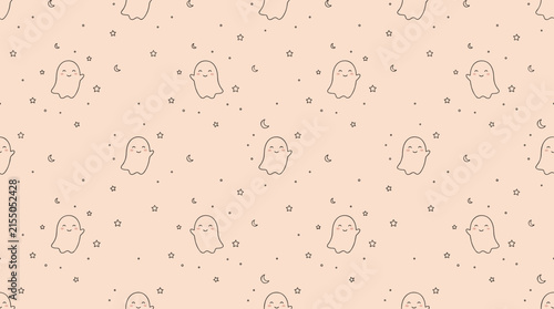 Cute cartoon ghost seamless pattern on peach background. Ideal for wrapping paper, nursery decor.