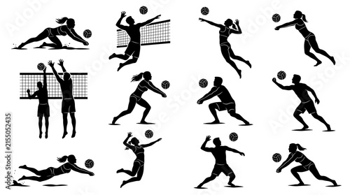 Set of 12 black silhouettes showing players performing various volleyball moves isolated on a white background. Perfect for sports training manuals, fitness event flyers, web graphics