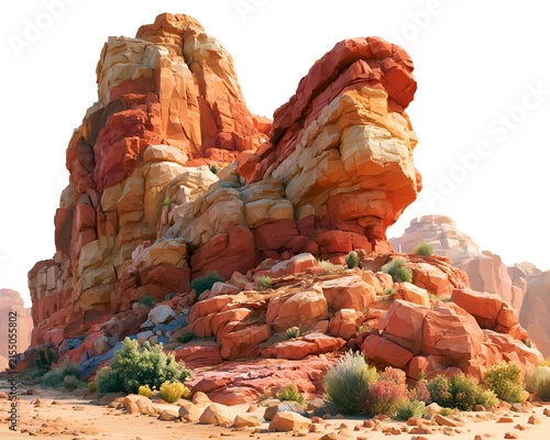 Vibrant red and beige sandstone rock formations in a desert landscape under a white sky