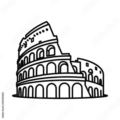 Minimalist black line art icon of the colosseum in rome with colosseum architecture landmark