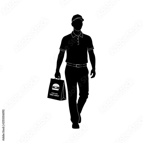 Silhouette of a food delivery courier walking with a fast food bag delivery silhouette employment