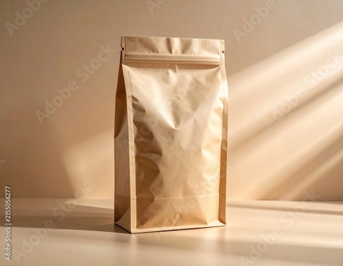 Blank brown craft paper coffee pouch mockup with zipper standing on beige surface, food packaging design, retail branding, sustainability