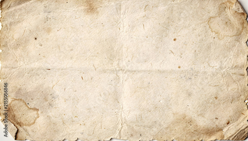 Aged vintage parchment paper sheet with weathered deckled edges and water stained antique texture