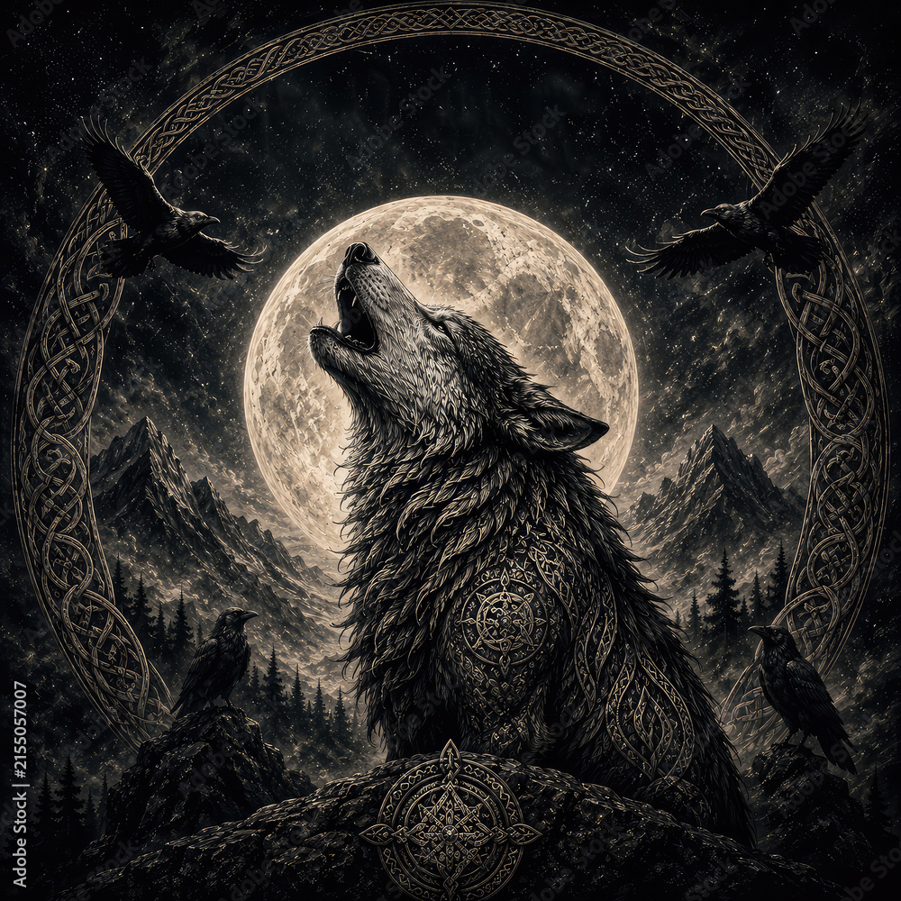 Naklejka premium Norse Wolf Howling at Full Moon with Ravens and Celtic Ornament