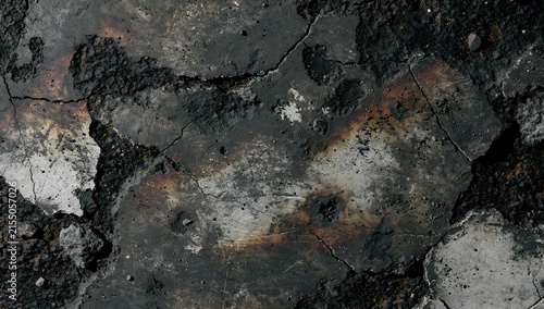 Post apocalyptic cracked asphalt ground texture with burnt rubble and ruined urban pavement