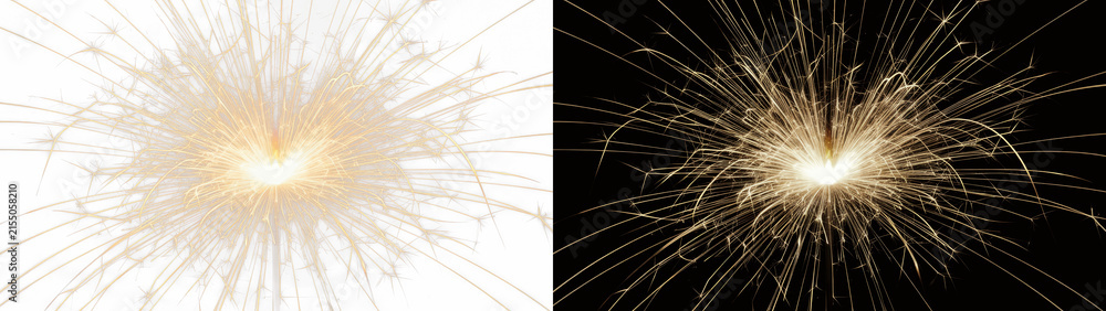 Obraz premium Golden sparkler light overlay with glowing lens flare effect, isolated on black background for easy compositing. Dynamic firework particle texture for party celebration, holiday banner and graphic