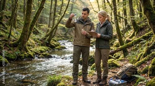 Environmental Researchers Sampling Water by a Clear Forest Stream