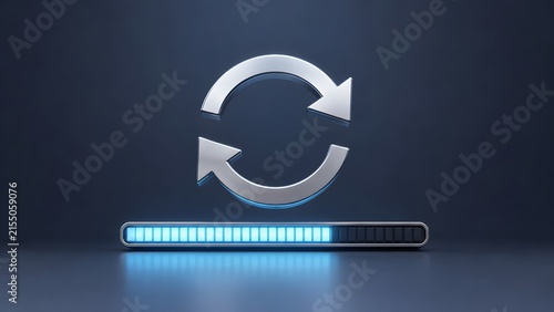 Obraz na płótnie Metallic synchronization arrows over glowing blue progress bar representing system update software download and digital processing concept
