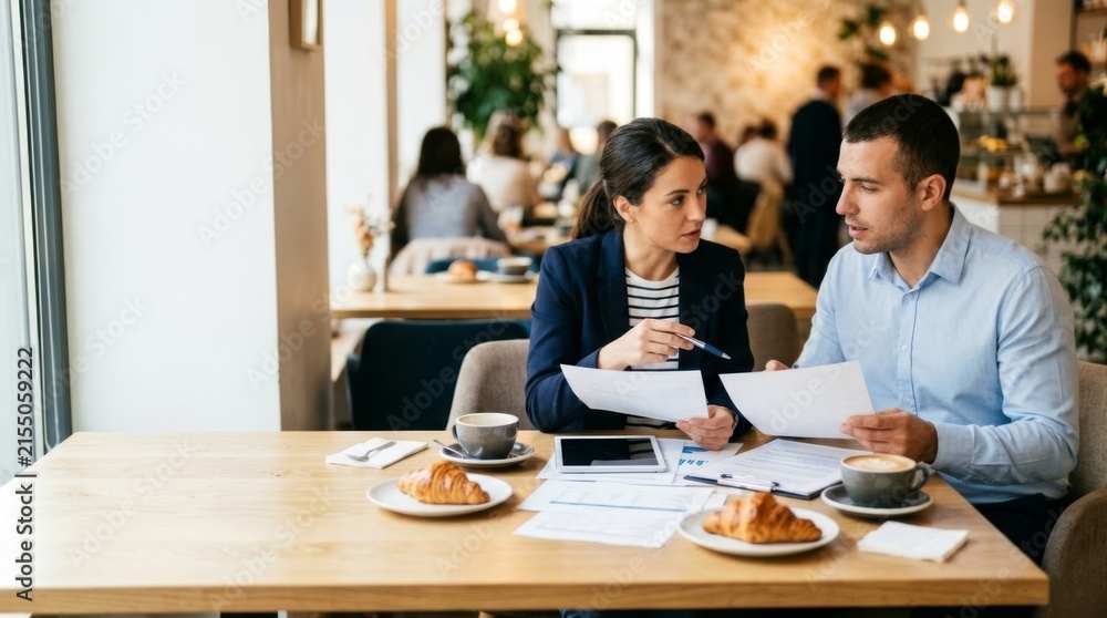 Fototapeta premium Two colleagues in a bright cafe discussing business documents over coffee and croissants during a morning meeting