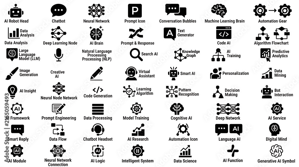 Obraz premium Machine learning icons collection displays vector symbols for artificial intelligence software and computing.