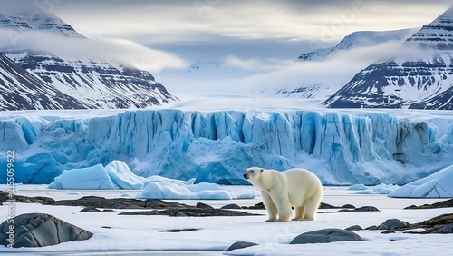 A majestic polar bear stands proudly on a vast expanse of ice and snow, with a breathtaking glacier and snow-capped mountains serving as its backdrop.