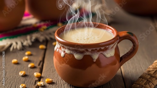 A comforting cup of steamy, rich drink sits on a rustic wooden table, with scattered corn kernels adding a rustic touch. The warm beverage emanates steam.