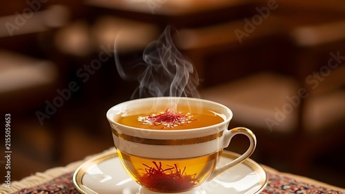 A steaming cup of aromatic saffron tea, its golden liquid infused with delicate red stigmas, sits elegantly on a saucer, evoking warmth and tranquility.