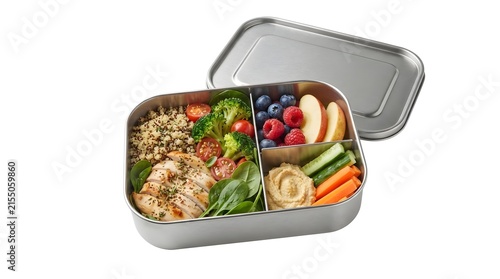 Healthy Stainless Steel Bento Lunch Box with Grilled Chicken, Quinoa, Vegetables, Fruit, and Hummus Isolated on White Background