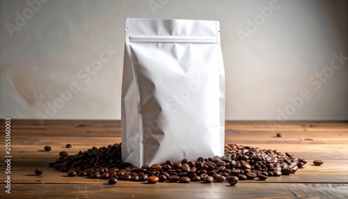 Blank white coffee pouch bag mockup on rustic wooden surface with scattered roasted beans, professional branding and packaging presentation