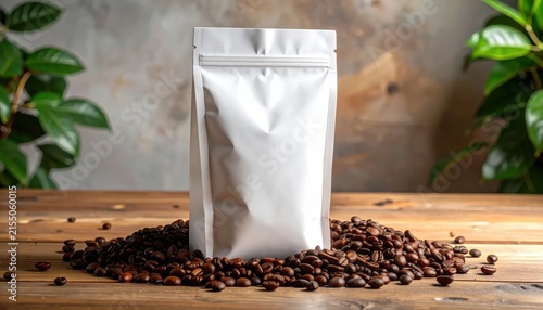 Blank white coffee pouch bag mockup standing on wooden table surrounded by roasted coffee beans for branding