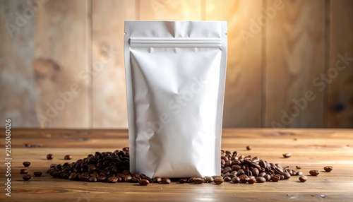Blank white coffee pouch bag mockup with roasted beans on rustic wooden table for food packaging design