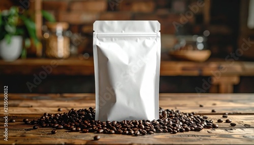 Blank white coffee pouch mockup standing on rustic wooden table with roasted coffee beans, branding template, product packaging