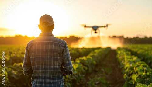 Farmer operating agricultural drone to spray crops at sunset for precision farming and smart harvest management