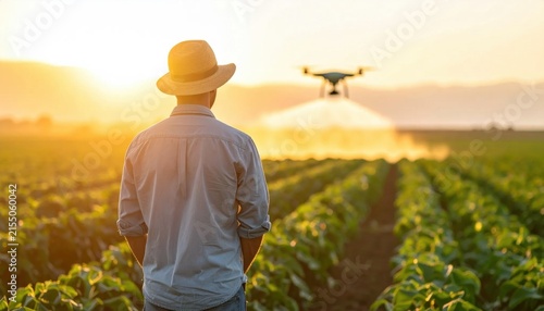 Farmer standing in corn field watching agricultural drone spraying fertilizer, modern smart farming technology, precision agriculture, sustainable crop management