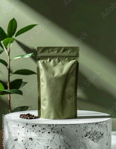 Green standing pouch bag mockup for organic food, tea or coffee packaging, product display on stone pedestal with natural plant shadows
