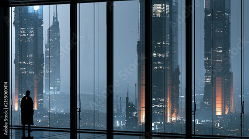 Lone Man Watching Futuristic City Through Tall Windows